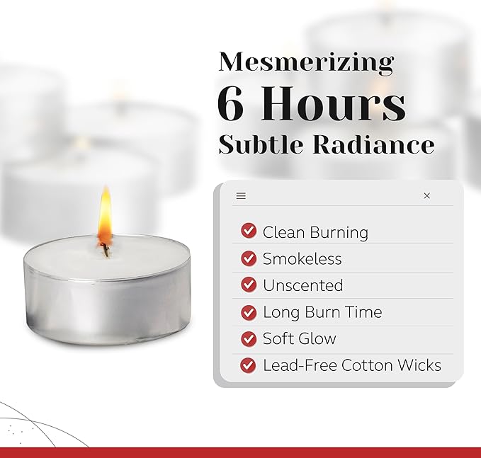 Tea Light Candles in Metal Cups - 6 Hours Clean, Long Burning White Unscented Tea 250 Votive Candles Bulk for Romantic Dinner, Wedding, Spa & Hotels by PARNOO