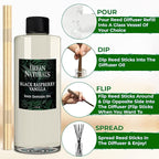 Urban Naturals Reed Diffuser Oil Refill Black Raspberry Vanilla with BlackBerry, Raspberry, Vanilla Orchid, Amber, Sandalwood 8 oz + Free Reed Sticks, Made in The USA