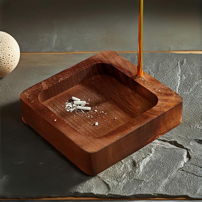 Incense Holder for Sticks with Ash Catcher - Wind Proof Hanging Design, 6x20cm Glass Tube & Spill-Proof Wood Base for 0-2.5mm Sticks, Meditation Yoga Decor (8.5x8.5cm Base)