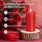 KONNI Beeswax Red Pillar Candles Set of 3, 2"x 4" Unscented Pillar Candles Bulk, 20 Hours Long Burning Candles, Smokeless&Dripless Large Round Candle for Wedding, Decoration, Parties, Spas, Dinner