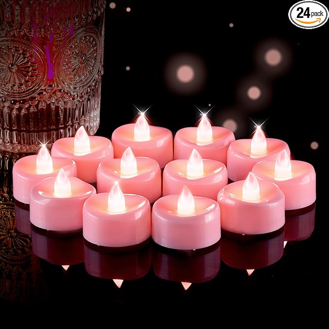 5plots Flameless Candles, 24Pcs Tea Lights Candles Battery Operated, Flameless Tealight Candles, Electric Tea Lights Votive Candles - Pink - 1.5" x 1.25"- No Flicker