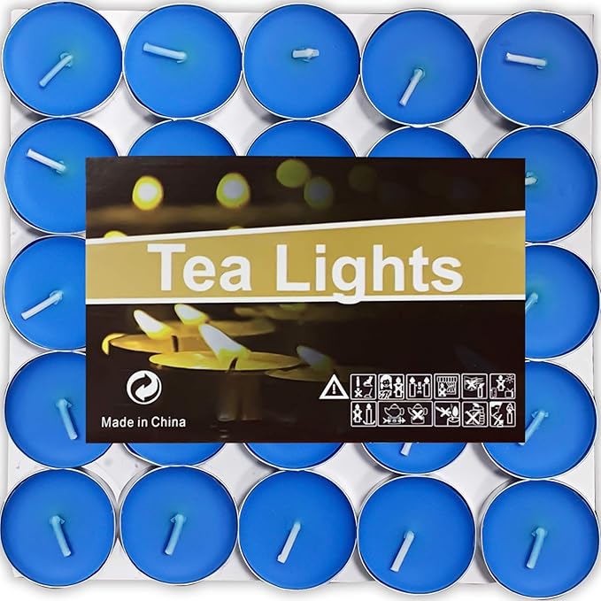 OUO Tea Lights - 50 Pack Smokeless, Dripless & Long Lasting Mini Tealight Candles for Mood, Dinners, Parties, Home Decoration, Wedding, Crafts (Blue)