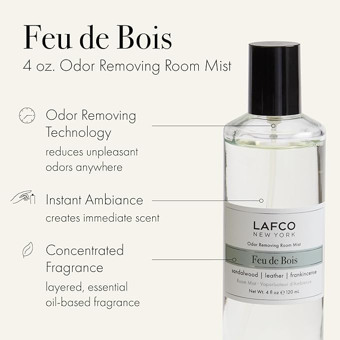 LAFCO New York Odor Removing Room Mist, Feu de Bois - 4 oz - Eliminates Unpleasant Scents & Provides Luxurious Fragrance - Up to 750 Pump Sprays Per Bottle - Made in the USA