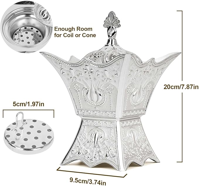 Bakhoor Incense Burner, Charcoal Incense Burner - for Yoga, Spa Aromatherapy, Office & Home Decor, Trophy Shape (Silver)