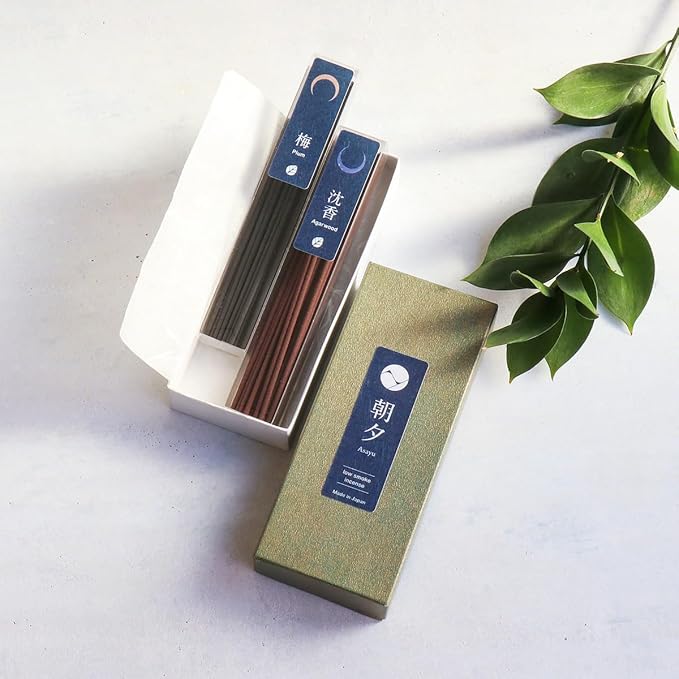 Asayu Japan 2-in-1 Low Smoke Incense Sticks Nature Set, 2 scents (Plum and Agarwood), 40gr Japanese Incense for Morning Energy & Evening Relax, Yoga, Meditation. Smokeless for Less Irritation