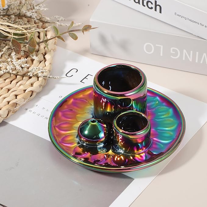 uxcell Incense Burner, 4 in 1 Ceramic Incense Holder Santo Holder Ash Catcher & Candle Holder Decorative Bowl for Meditation Stick Aromatherapy Yoga, Colorful