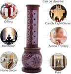 Marble Handmade Soapstone Red Incense Stick Holder | Candle Burner | Tea Light Holder - Round Jaali Carving for Gifting. Decorative Home and Office Decor - (2.5 x 2.5 x 10 Inches)