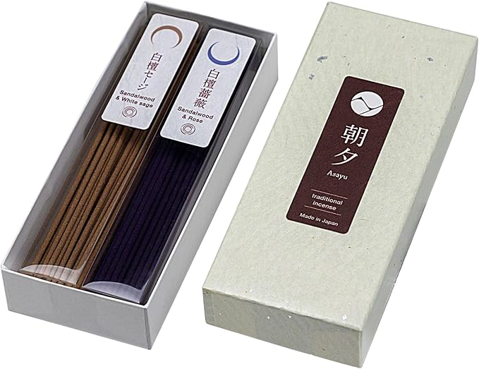 Asayu Japan Traditional Incense Sticks - Purification Set (Sandalwood & White Sage + Sandalwood & Rose), 40gr (Each Scent 20g), for Yoga, Zen Meditation and Relaxation - Traditional Smoke Type
