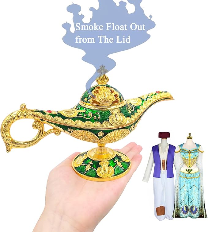 Aladdin Lamp Incense Holder Vintage Magic Genie Lamp Cone Incense Burners Legend Wishing Light for Home Decor Birthday Gift Party Green