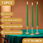 12 Pack Green Taper Candles 10 inch - Taper Candles Dripless, Smokeless, Unscented - 8 Hours Long Burning - Hand Poured Tall Candlesticks - Perfect for Home Decor, Weddings, and Special Occasions