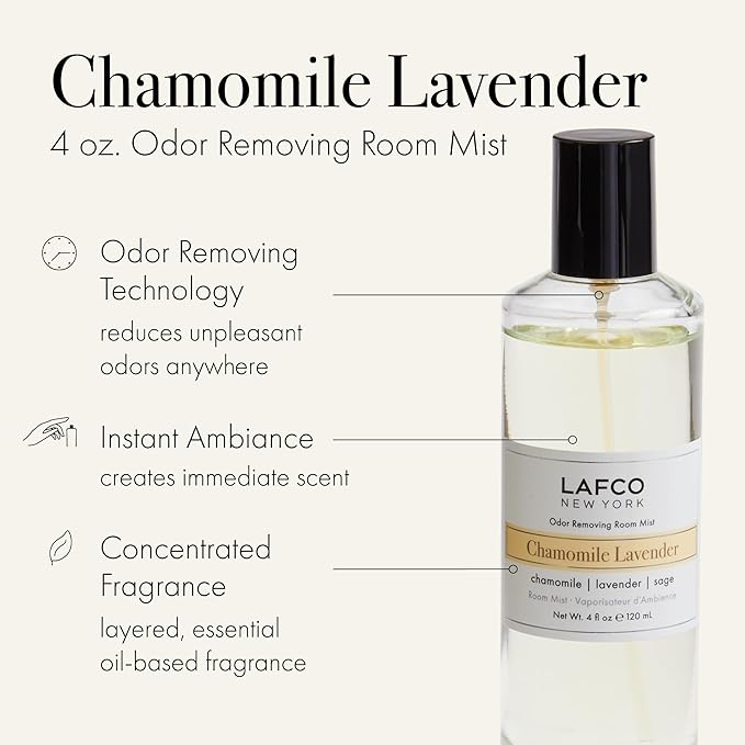 LAFCO New York Odor Removing Room Mist, Chamomile Lavender - 4 oz - Eliminates Unpleasant Scents & Provides Luxurious Fragrance - Up to 750 Pump Sprays Per Bottle - Made in the USA