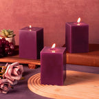 KONNI Square Purple Pillar Candles Set of 3, 2.8"x 4" Unscented Pillar Candles Bulk, 30 Hours Long Burning Candles, Smokeless and Dripless Large Candle for Wedding, Home Decoration, Parties, Spas