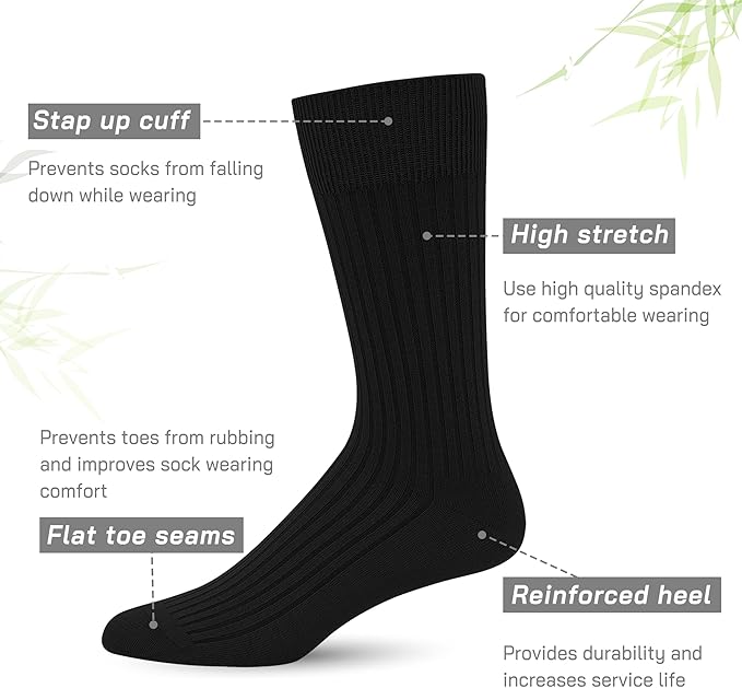 SERISIMPLE Men's Dress Socks - Bamboo Viscose Thin Ribbed Knit, Silky & Soft, Lightweight Business Crew Socks 5 Pairs
