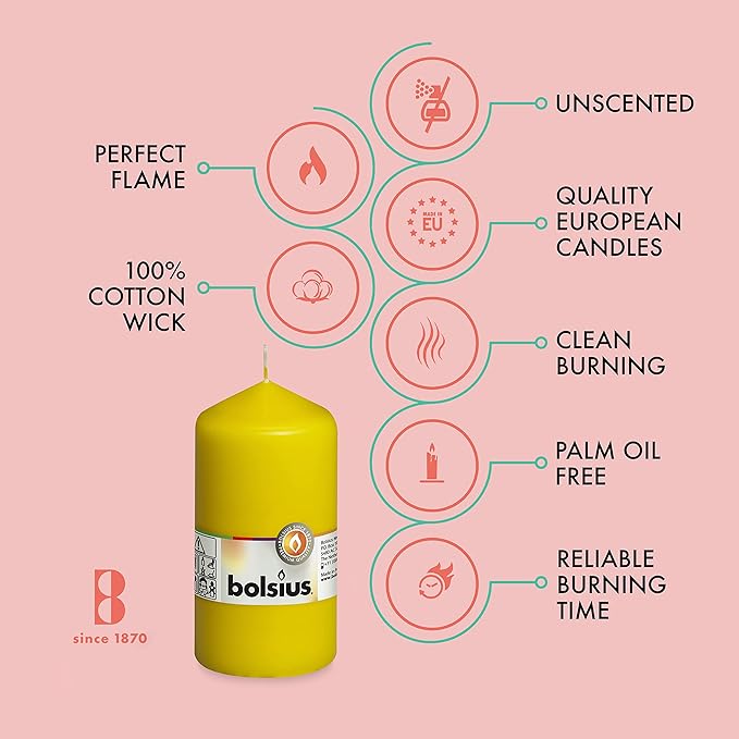 BOLSIUS 8 Yellow Pillar Candles - 2.75 x 5 Inches - Premium European Quality - Individually Wrapped - 43 Hours Burn Time - Dripless & Smokeless - Unscented Dinner, Wedding, Party, & Restaurant Candles