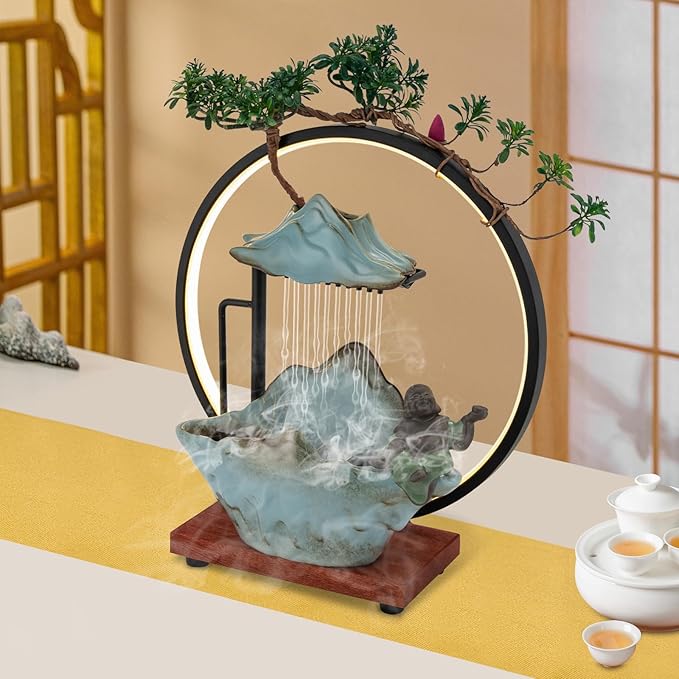 Backflow Incense Holder with Water Fountains and LED Light, Rockery, Maitreya and Plants Perfect for Relaxing or Home Decor (Maitreya)