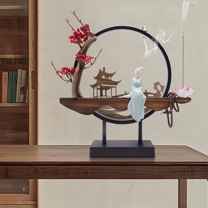 Backflow Incense Holder with LED Light and Plum Blossom, Ceramic Lady Chinese Style Backflow Incense Burner Perfect for Relaxing or Home Decor