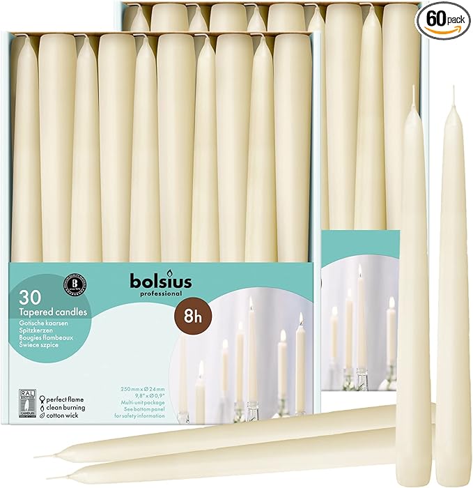 BOLSIUS 60 Count Household Ivory Taper Candles - 10 Inches - Premium European Quality - 8 Hours Burn Time - Unscented Dripless and Smokeless Home Decor, Restaurant, Wedding, and Party Candlesticks