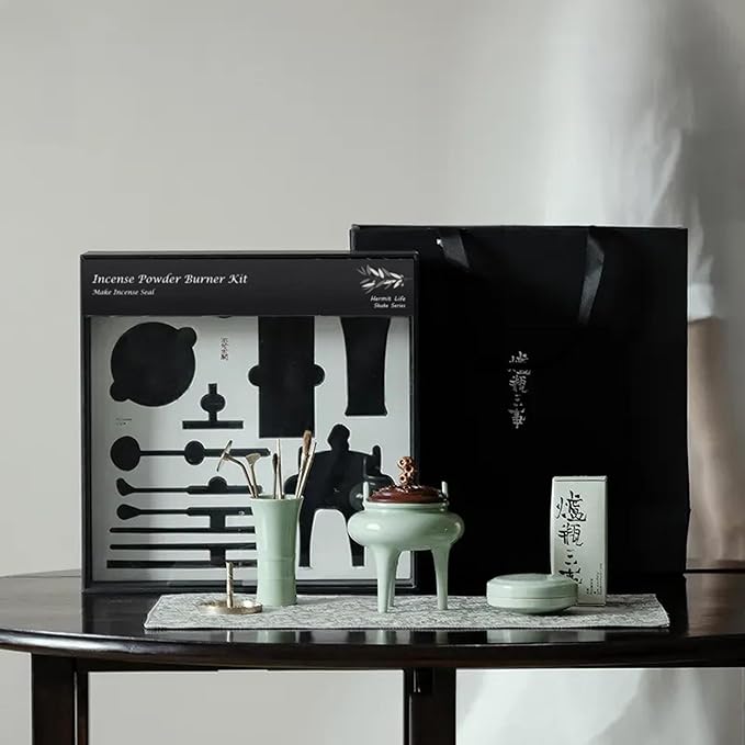 Celadon Incense Powder Burner Set - Making Incense Seal with 12pcs Toolskit, Three-Legged Incense Holder for Powder/Stick/Cone/Coil, Gift for Women, Deluxe Incense Burner Gift