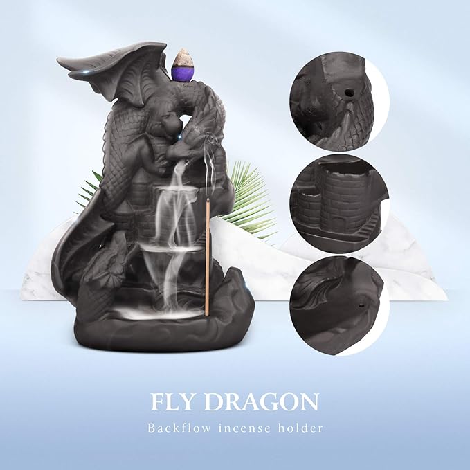 Ceramic Dragon Backflow Incense Holder Waterfall Incense Burner, Smoke Incense Holder, with 70 Backflow Incense Cones + 50 Incense Stick, 1 Mat, 1 Tweezers Home Decor (Brown-Light Dragon)