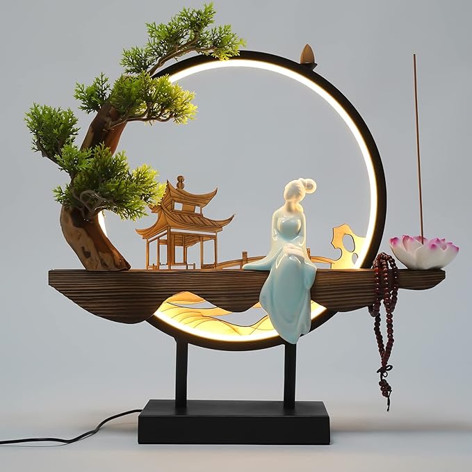 Backflow Incense Holder with LED Light and Pines, Ceramic Lady Chinese Style Backflow Incense Burner Perfect for Relaxing or Home Decor