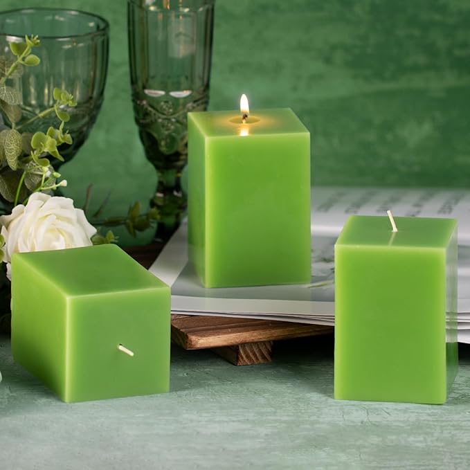 KONNI Square Green Pillar Candles Set of 3, 2.8"x 4" Unscented Pillar Candles Bulk, 30 Hours Long Burning Candles, Smokeless and Dripless Large Candle for Wedding, Home Decoration, Parties, Spas