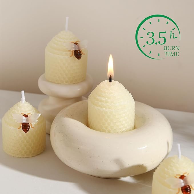Natural Beeswax Candles 12 Pack, Hand Rolled Bee Themed Candles - 3.5 Hours Burn Time Each, Smokeless and Dripless for Home Decor, Party Favors, Gifts