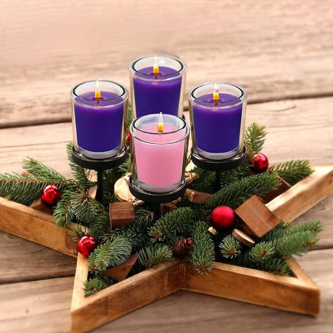 12 Packs Advent Candles with Clear Glass Holder, 9 Purple and 3 Pink Votive Candles, Unscented Seasonal Celebration Candles for Christmas Table Decoration, 1.8oz, KFUS-12VOT-ZIFEN