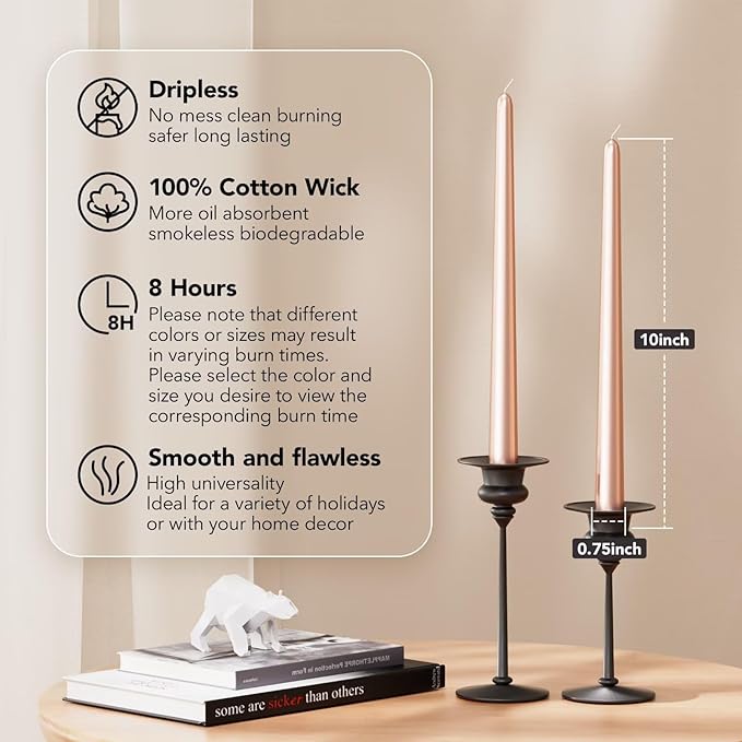 New Burning Formula Unscented Dripless 10-Inch Taper Candles Set of 12 - Rose Gold, for Wedding, Dinner - Smokeless, Long Burning - Hand Poured, Colored Tall Candlesticks - Oro Rosa