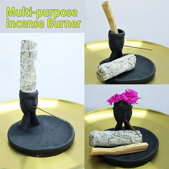 Incense Holder Modern Ceramic, Creative Incense Burner Head Sculpture Figurine Jewelry Dish Trinket Tray Incense Ash Catcher for Burning Sage Stick Unique Gift Home Decor - Black