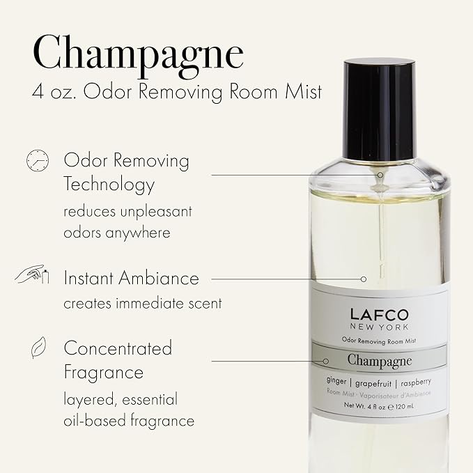 LAFCO New York Odor Removing Room Mist, Champagne - 4 oz - Eliminates Unpleasant Scents & Provides Luxurious Fragrance - Up to 750 Pump Sprays Per Bottle - Made in the USA