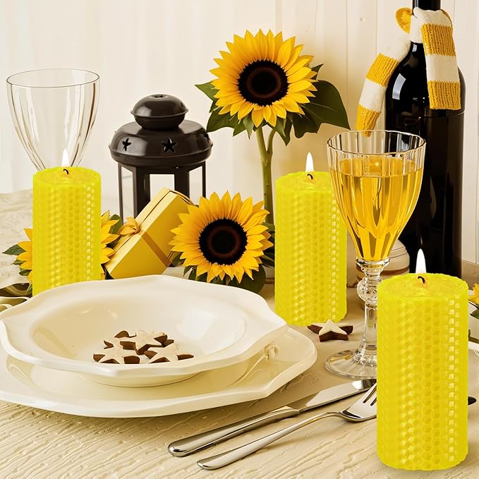 KONNI Beeswax Yellow Pillar Candles Set of 3, 2"x 4" Unscented Pillar Candles Bulk, 20 Hours Long Burning Candles, Smokeless&Dripless Large Round Candle for Wedding, Decoration, Parties, Spas, Dinner