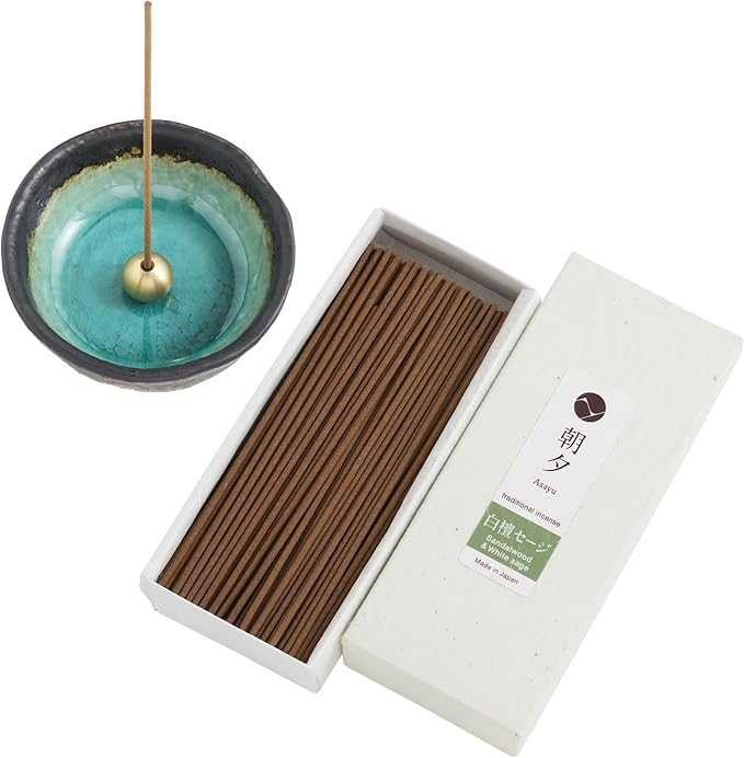 Asayu Japan Traditional Smoke Incense Gift Set with Incense Holder and Brass Stand, Sandalwood & White Sage Blend Incense Sticks with Mini Aquamarine Ceramic Holder