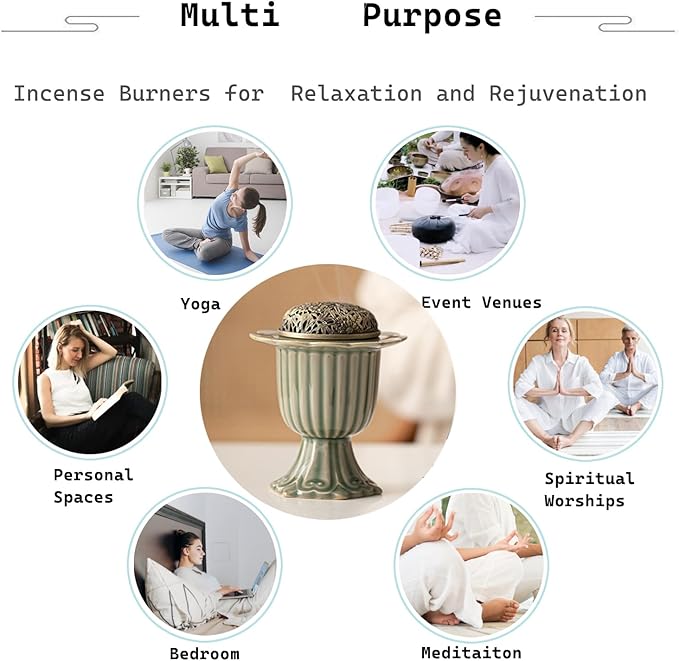 Ceramic Incense Holder with Braze Lid,Incense Cone Burner for Coil Incense,Mediation Gift,Home Decor (Light Green)