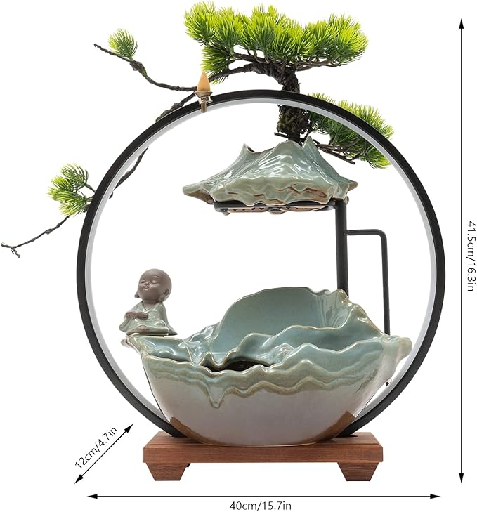 Backflow Incense Holder with Water Fountains and LED Light, Rockery, Monk and Plants Perfect for Relaxing or Home Decor (Monk witn Rockery)