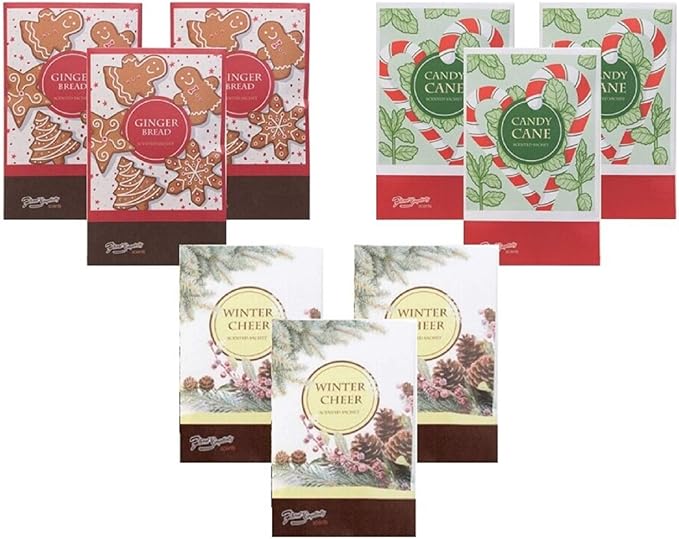 Simplicity Sachets Scents of The Season 3 Gingerbread, 3 Candy Cane, 3 Winter Cheer - 9 Pack - Long Lasting, ECO-Friendly Home Fragrance Perfect for Any Space