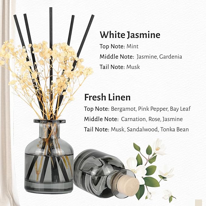 Brakula 2 Pack Reed Diffuser, Fresh Linen + White Jasmine (3.38 fl oz Each Pack), Home Fragrance with 12 Sticks, Shelf Decor, Reed diffusers for Home