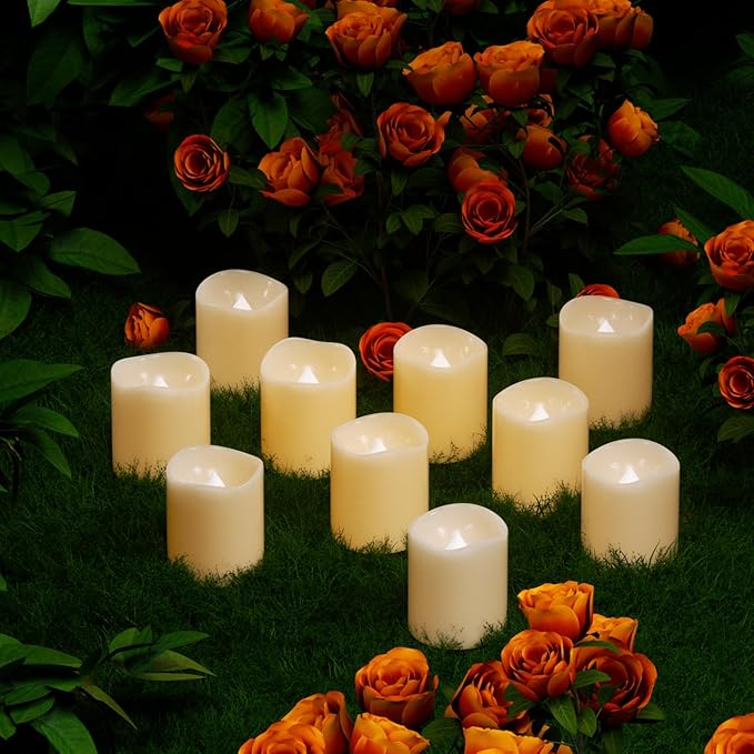 Eldnacele Votive Flameless Candles with Remote and Timer, Battery Operated Warm White Flickering Plastic LED Candles Set of 10 for Dinner Wedding Indoor Holiday Decor (D1.5×H2)