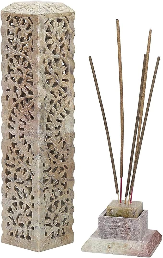 Handmade Carving Soapstone Incense Stick Tower Holder | Incense Stick Tower Burner Holder Spa Aromatherapy Home Office Fragrance Accessories Home Office Decor - (10 X 3 Inches)