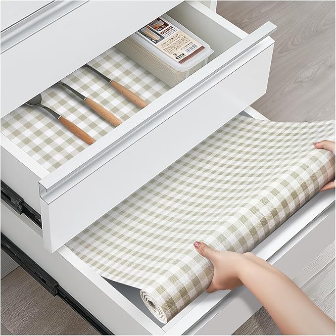 Drawer and Shelf Liner, Non-Slip Kitchen Cabinet Liners Non-Adhesive Thick Strong Grip Waterproof Washable Mats Protect Dresser Shelves Cupboard Bathroom Cabinets, Green Plaid, 18 in X 30 FT