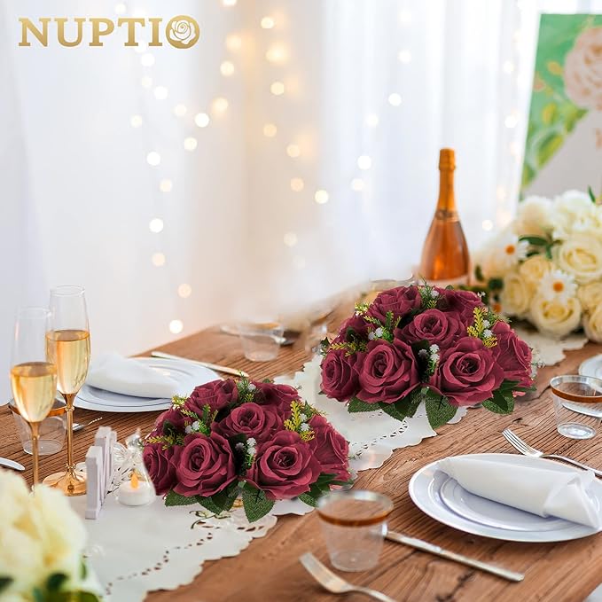 NUPTIO Flower Ball Arrangement Bouquet - 10 Pcs 9.5 inch Diameter Burgundy Fake Flowers Roses Balls for Centerpieces Tables - Artificial Rose Arrangements for Wedding Centerpiece Table Decorations