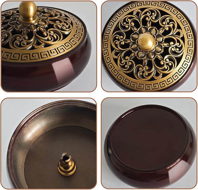 Copper Incense Burner with Stick Holder, Incense Stick Holder Cone Coil Holder with Fireproof Cotton for Madiation Yoga Spa Home Office Decor (Brown)