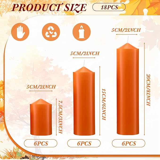 MTLEE 18 Pcs Set of 3 Pillar Candles Bulk 2 in x 3, 6, 8 Long Burning Clean Unscented Smokeless Pillar Candles for Wedding Emergency Lanterns Ceremony Party (Orange)