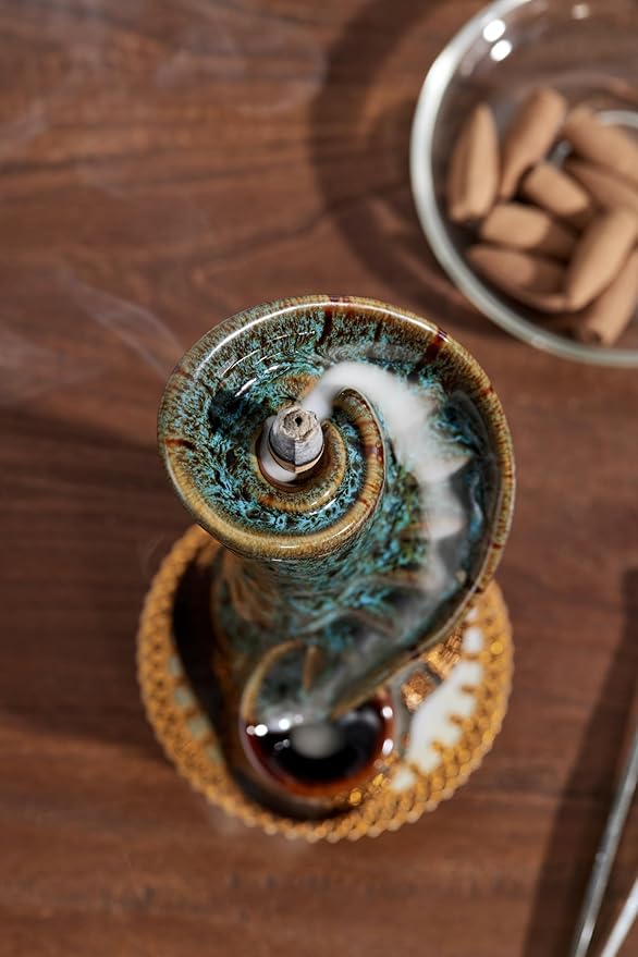 Unique Cloud Stairs Ceramic Waterfall Incense Holder, Paired with a Pack of Backflow Incense Cones. (Fambe Blue)