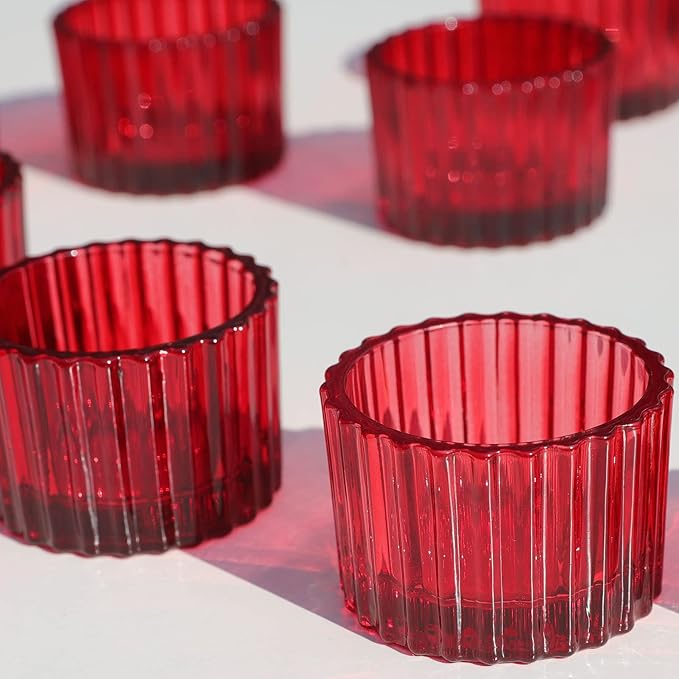VOHO 24pcs Red Tealight Candle Holder for Christmas Decorations, Vintage Ribbed Votive Candle Holders Gifts for Women Friends, Small Tea Light Candle Holder Glass Wedding Centerpieces for Tables