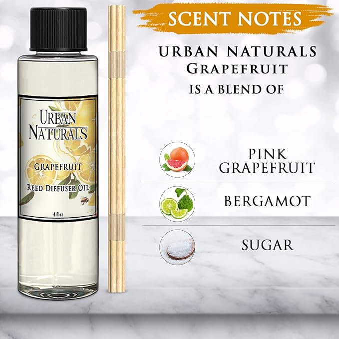 Urban Naturals Grapefruit Scented Oil Reed Diffuser Refill | Includes a Free Set of Reed Sticks! 4 oz.