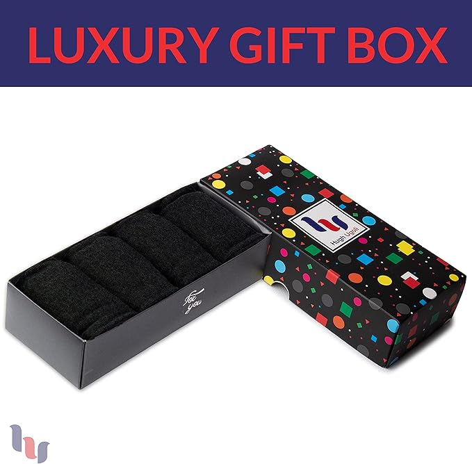 Hugh Ugoli Men's Cotton Dress Socks for Business & Trouser, Thin & Seamless Crew Socks, 4 Pairs with Gift Box, Shoe Size 8-12
