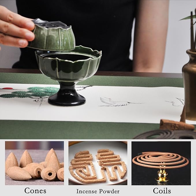 Ceramic Incense Holder with Lid,Lotus Incense Cone Holder for Coil Incense and Powder Incense,Mediation Gift,Home Decor (Deep Green)