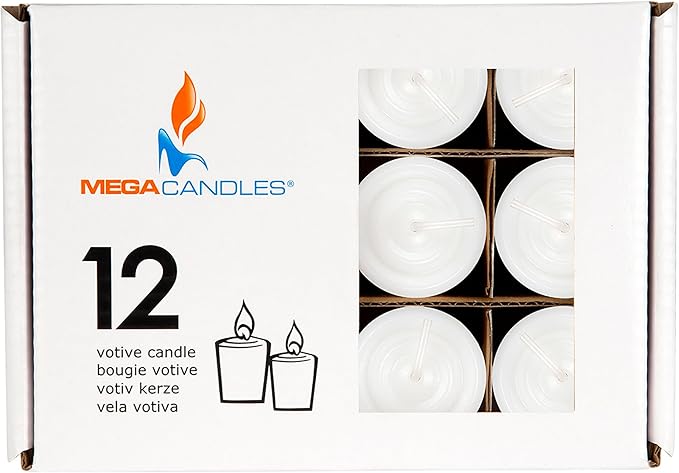 Mega Candles 12 pcs Unscented White Votive Candles, Hand Poured Wax Candle 10 Hours 1.38 Inch x 1.5 Inch, Home Décor, Wedding Receptions, Centerpieces, Occasions, Events, Meditations, Holders