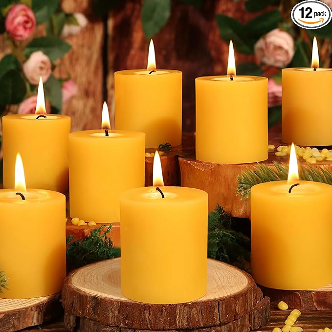 12 Pack Natural Beeswax Pillar Candles,2x2in 100% Pure Beeswax Candles-240 Hours Long Burning,Unscented Bees Wax Candles for Home,Prayer,Emergency,Dripless Smokeless Organic Pillar Candles Bluk