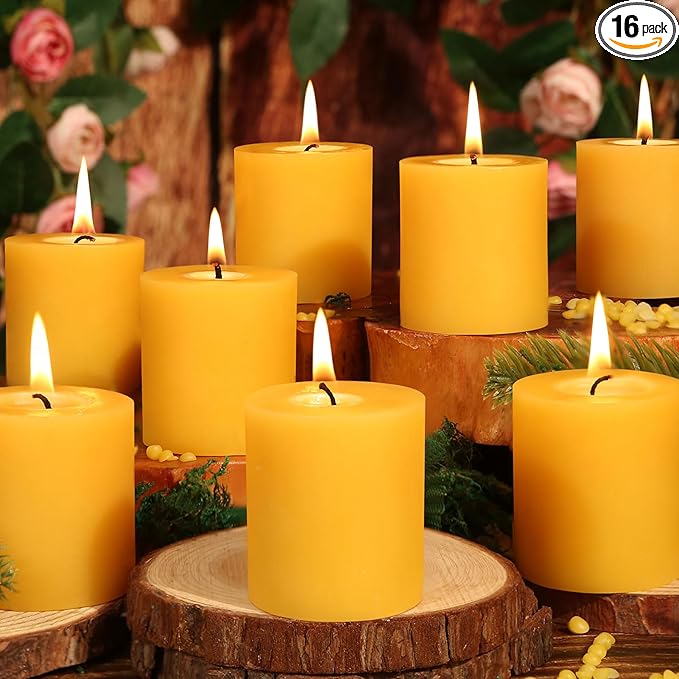 16 pcs-2x2in Natural Beeswax Pillar Candles,Bees Wax Candles for Meditation,320 Hours Long Burning Beeswax Candles,Burning Releases Negative Ions to Purify The Air